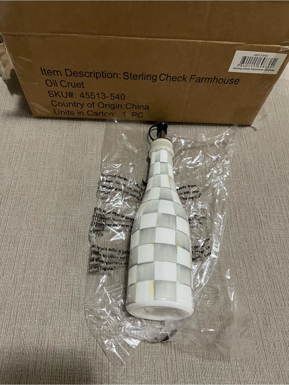 MacKenzie-Childs White and Gray Check Oil Cruet